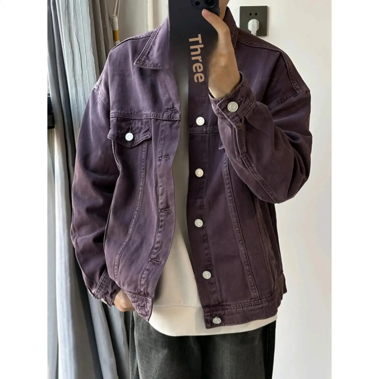 Retro American mens denim jacket loose fit suitable for spring and autumn niche n workwear purple washed 240904