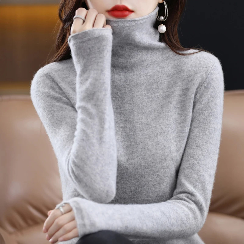 Merino wool and cashmere sweater for women high stack collar with floral long sleeves winter knitted sweater warm and high-quality jumper 240909