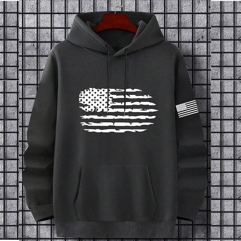 2024 selling Mens US Flag Printed Kangaroo Pocket Brushed Warm Hoodie Spring and Autumn Casual Sports Top 240909