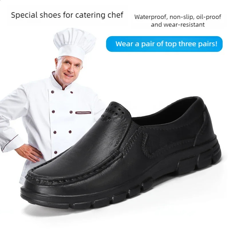 Chefs shoes with four seasons anti slip oil and size business and leisure mens work leather shoes comfortable soft sole 240909