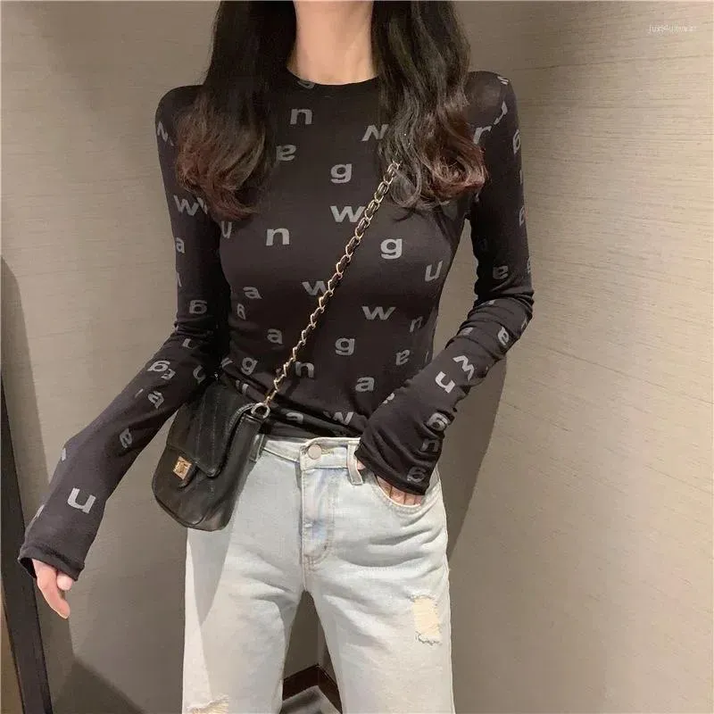Women's T Shirts Letter Printed Stretch Long Sleeves T-shirt For Women Slim Cotton O Neck Luxury Brand Designer Korea Fashion Tops Clothing