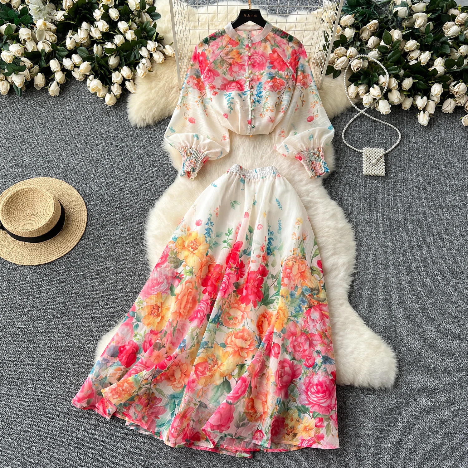 Chic Two Pieces Sets Sexy Lantern Sleeve Single Breasted Crop Blouse with Fashion Print Mesh Full Leather Vacation Set 240903