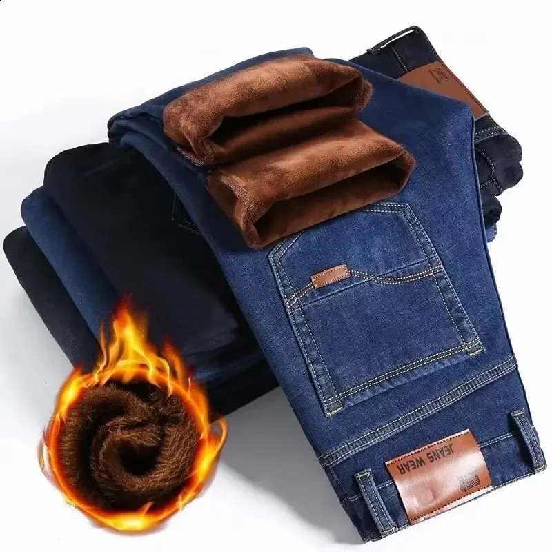 Mens autumn wool lined thick jeans straight leg loose elastic pants warm and fashionable mens dress 240909