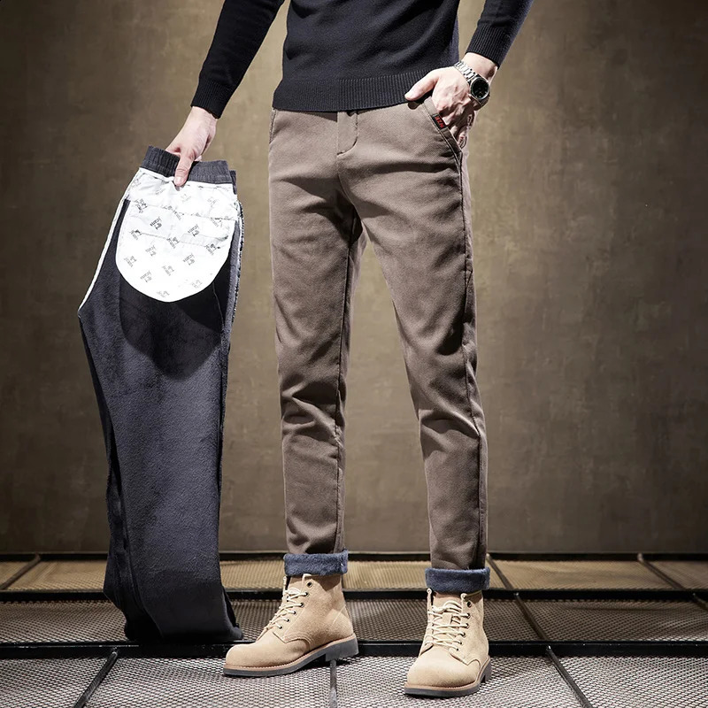 Warm wool pants winter mens denim mens wool lining Korean fashion ultra-thin thick plush boots cut mens jeans 240909