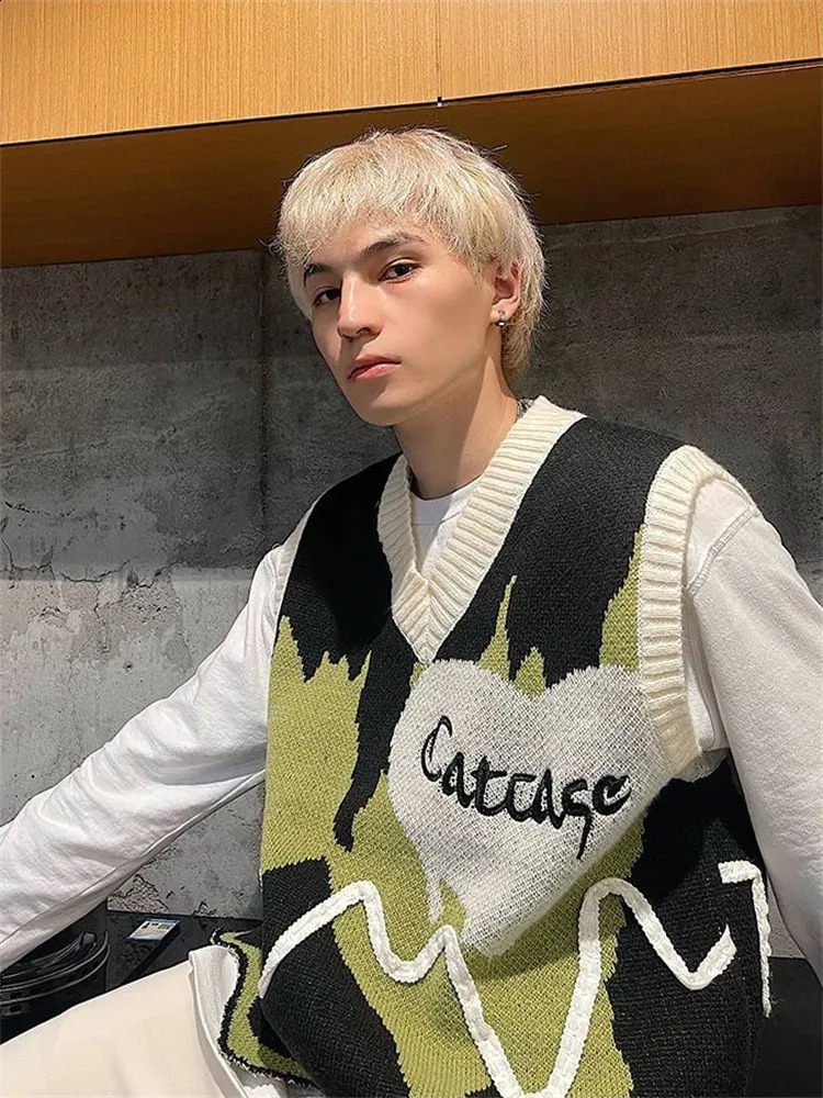 Harajuku Vintage Colorblock Pullover Sweater Vest Men Womens Clothes Y2K Oversized Knitwear Unisex Sleeveless Knitted Sweaters 240902