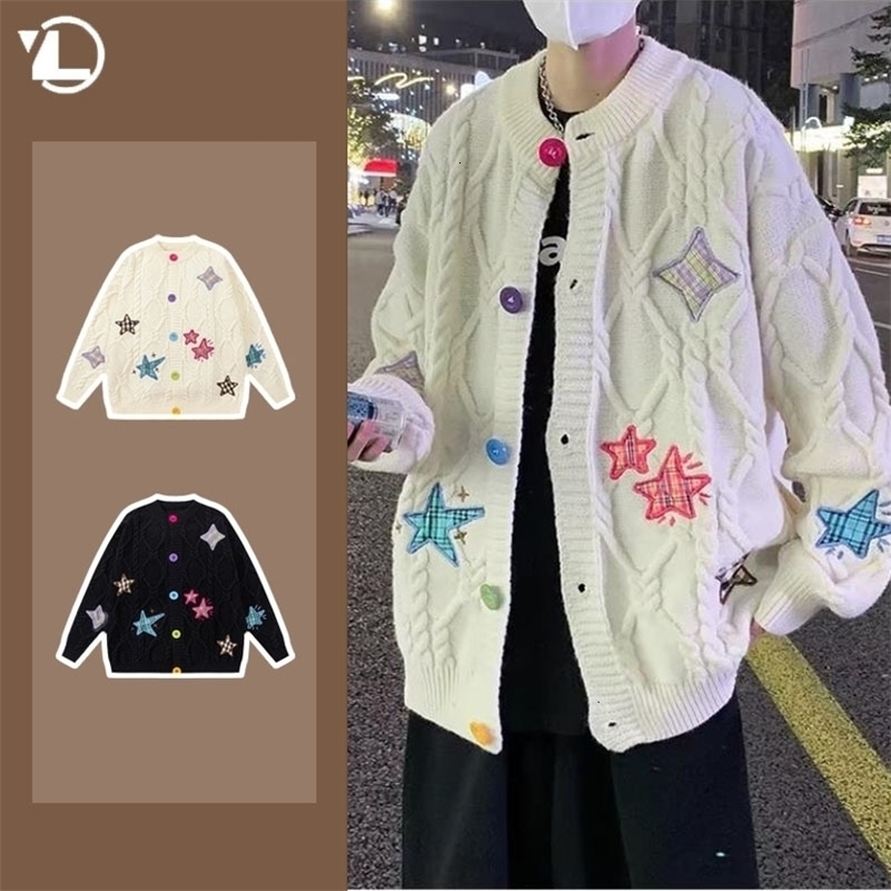 Spring Y2k Harajuku Mens Cardigan Star Embroidery Retro Knitted Cardigan Elastic Casual Unisex Knitwear Coats Cotton 240903