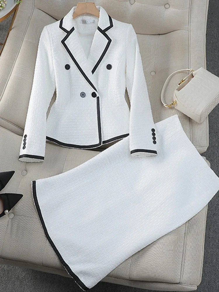 Yitimuceng Elegant Womens Casual Jacket Set Solid Womens Two Piece Set White Long Sleeve Womens Autumn Winter Set 240903