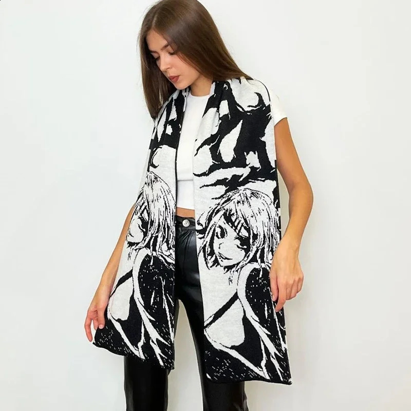 Winter Fashion Womens Anime Printed Street Clothing Headscarf Harajuku Y2K Long Knitted Womens Scarf 240909