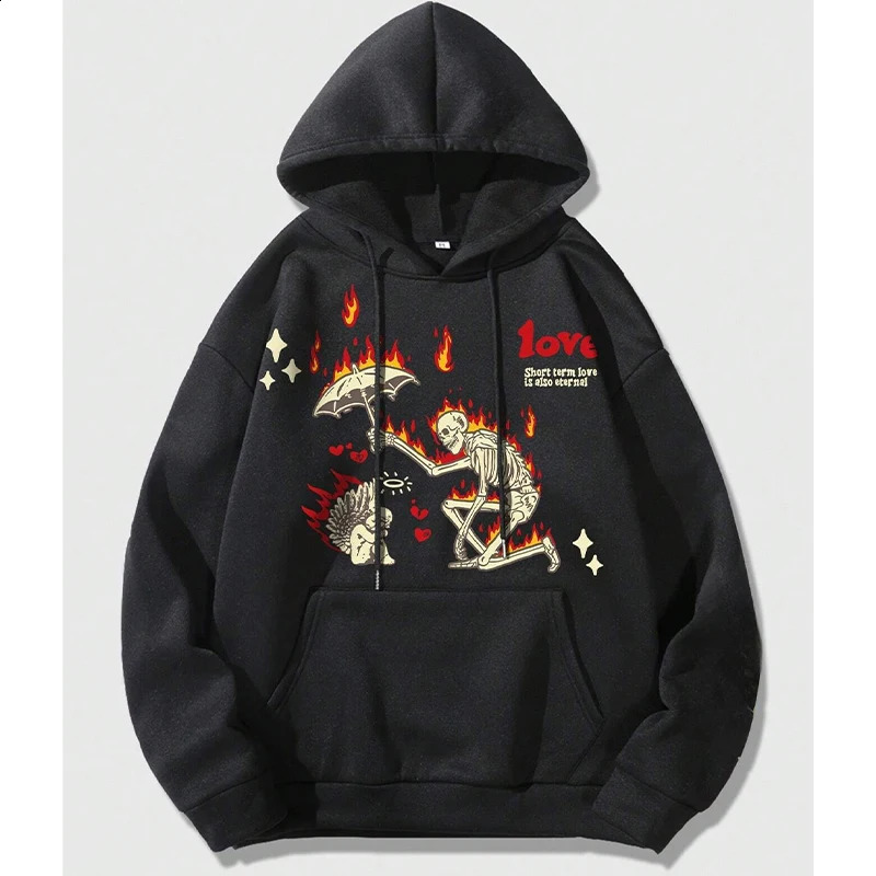Mens Skull Pattern Printed Cotton Warm Hoodie Street Hip Hop Harajuku Loose Size Mens Sports and Leisure Long Sleeve 240907
