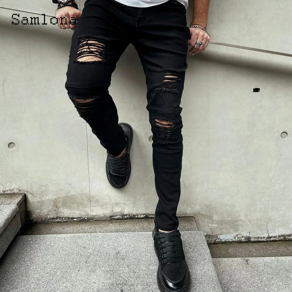 Sexy ripped jeans mens retro tight zipper pocket Demin pants mens streetwear Spring Autumn fashion hole Demin Trouser 240907