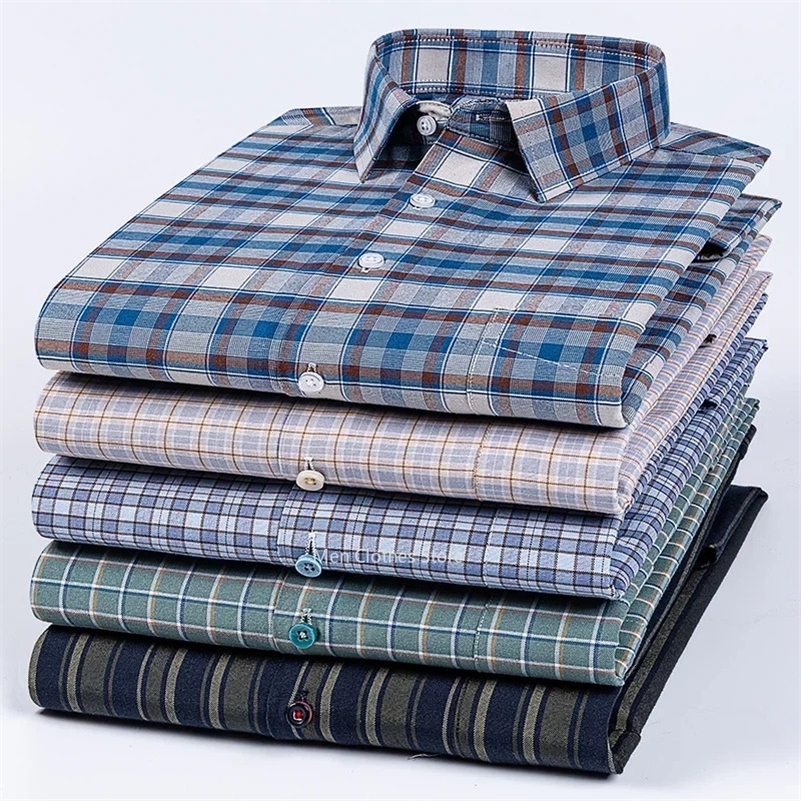 Qualité 100% coton pur Chonerie sociale à manches longues pour Oxford Chemise Men Plaid Travail rayé Shirts de poche décontractés S-8XL 240903