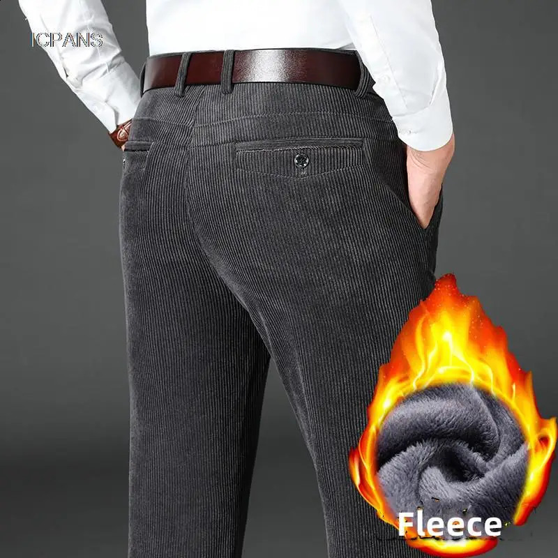 Winter Corduroy Mens Pants Thick Wool Casual Pants Business Classic Black Brown Trouser Suitable for Mens Clothing 240909