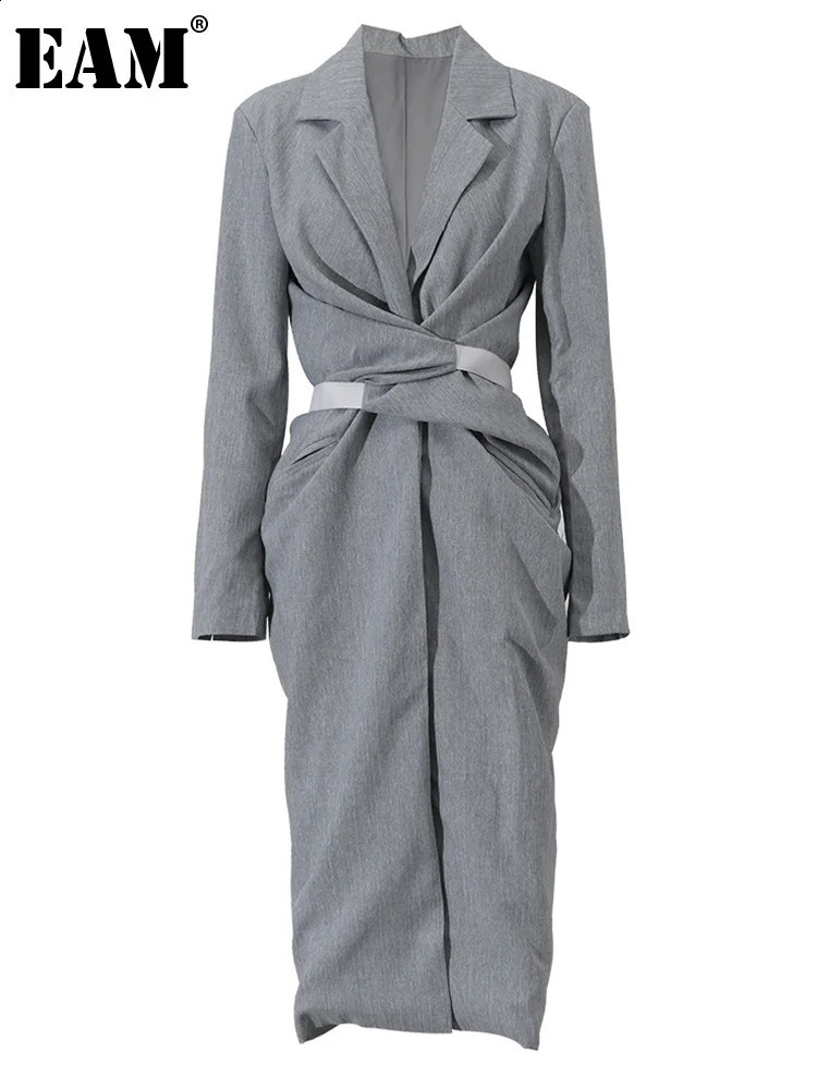 EAM gray pleated long knot womens elegant V-neck long sleeved loose fit fashion trend for spring and summer 2024 1W48502 240909