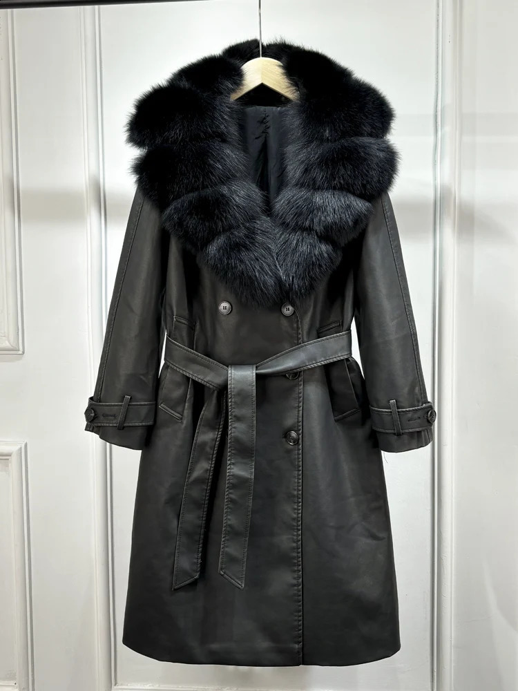 Real Fox Fur Autumn Winter Womens Retro Loose PU Leather Jacket Street Clothing Womens Double layered Belt Jacket 240909