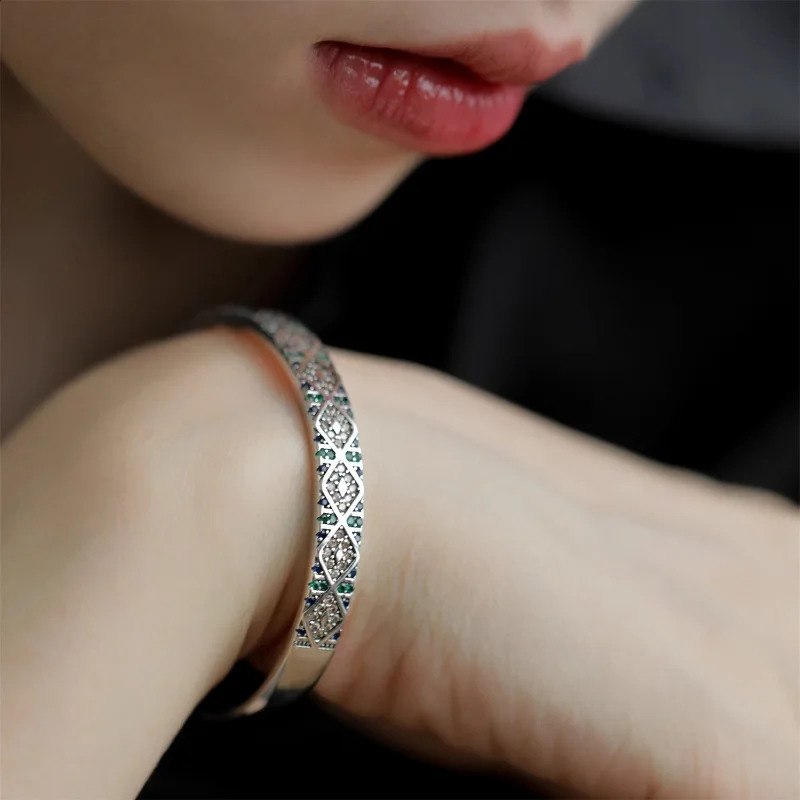 925 sterling silver bracelet green blue square geometric punk womens fashion jewelry gift pendant wholesale 240909