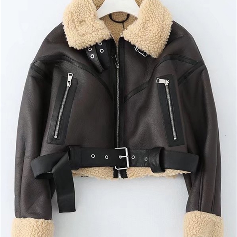 Winter womens street clothing artificial lamb fur leather short jacket with belt motorcycle thick warm sheepskin overcoat coat y240907