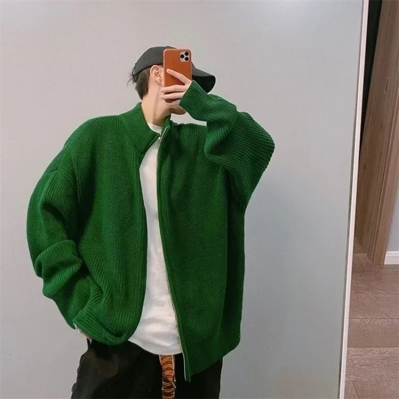 Mens Clothing Zip-up Green Zipper Knit Sweater Male Cardigan Collared Plain Solid Color Overfit Casual Over Fit Y2k Streetwear 240903