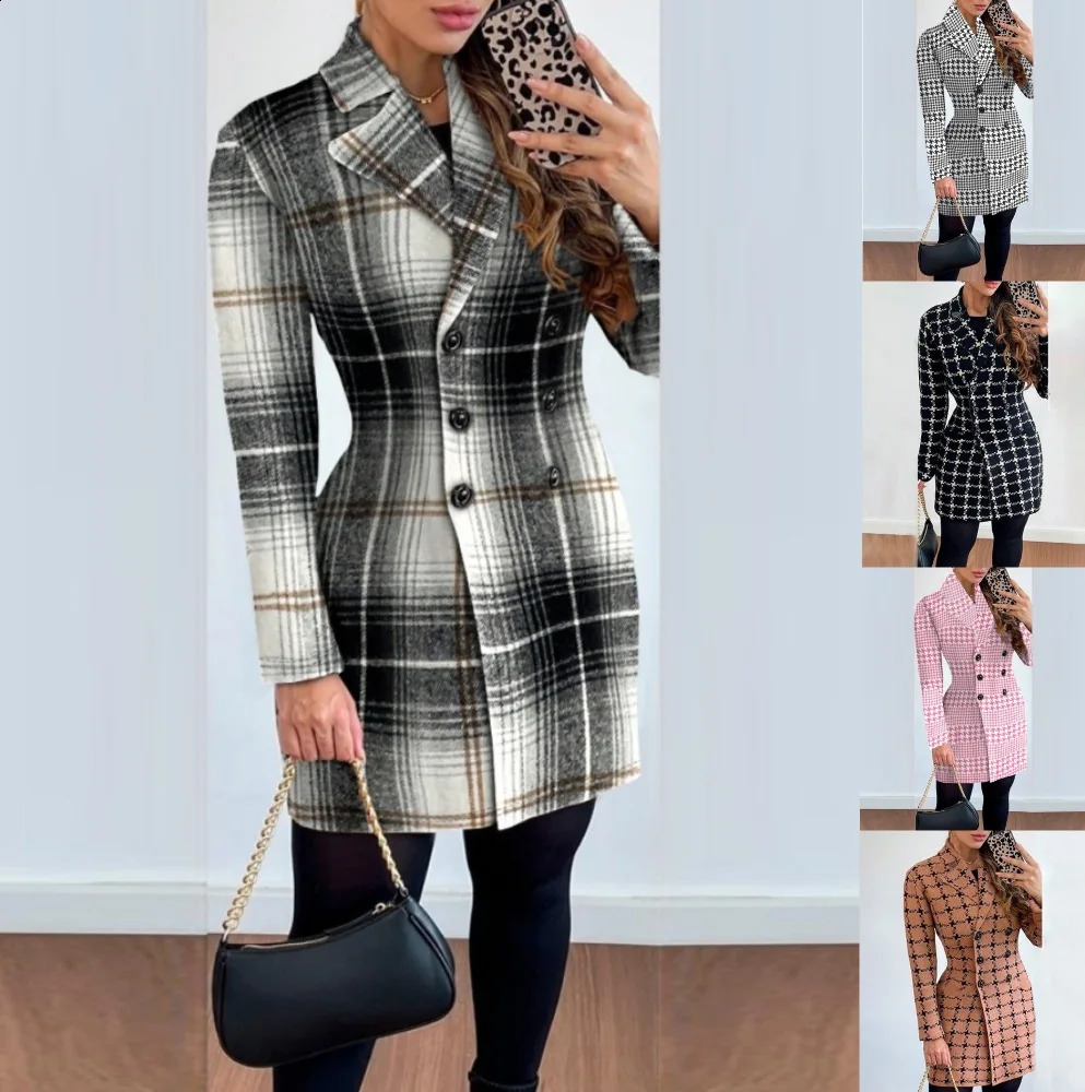 Autumn and winter fashion plain woolen coat for womens waist office womens V-neck double chest ultra-thin woolen coat for women 240909