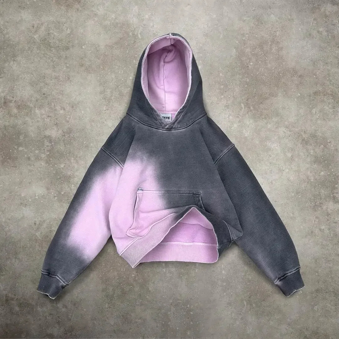 Spray dye unsettling patch work hoodie street couple retro green Y2K fashion trend Clothing loose couple hoodie 240909