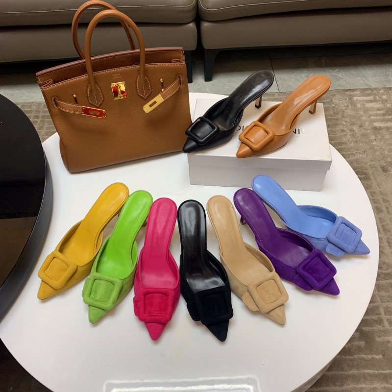 2023 New Muller Shoes Shallow Mouth Pointed Toe Middle Heel Square Buckle Stiletto Baotou Women's Half Slippers