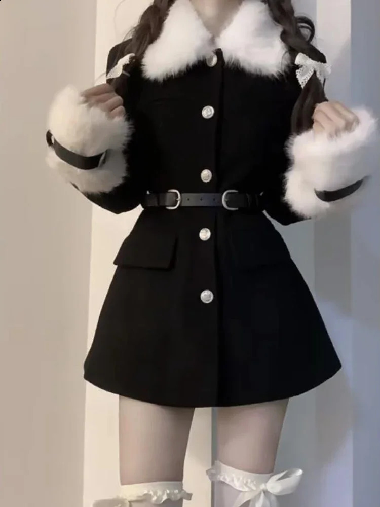 Winter black elegant jacket womens casual sweet warm long sleeved fur collar dress jacket Korean style fashionable jacket fashionable style 240909