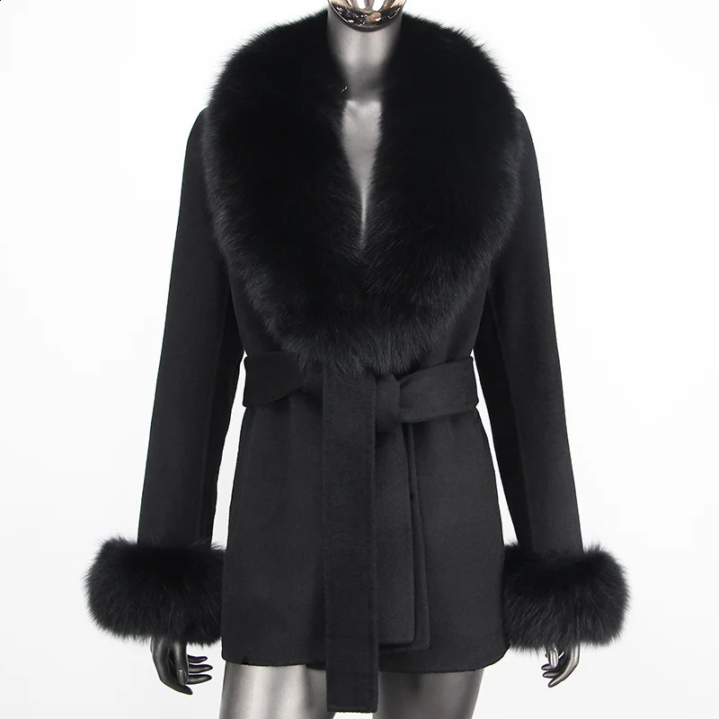 CXFS Winter Womens Cashmere Wool Blended Jacket Real Natural Fox Fur Collar Fashionable Ultra Thin Wool Jacket with Loose Coat 240909