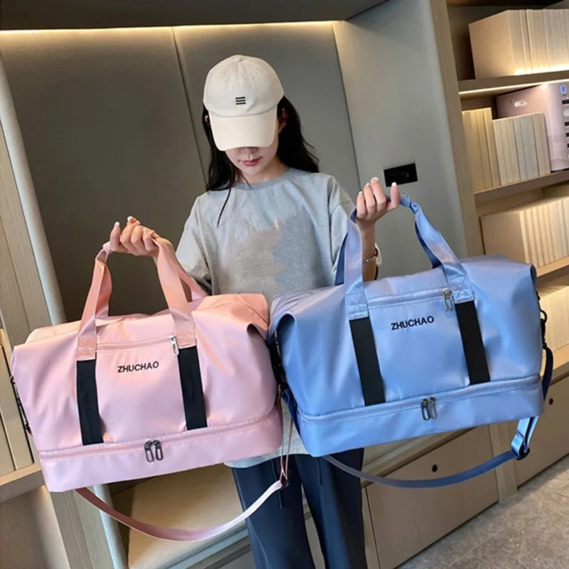Womens Travel Duffle Bag Nylon Waterproof Sports Gym Handbag Solid Color Large Capacity Carry On Storage Bag Weekender Overnight Bag