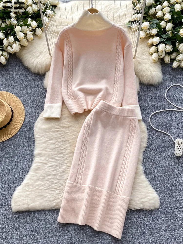 SINGREENY Korean Knitted Two Piece Womens Autumn and Winter Turtle Neck Loose SweaterElastic Waist Skiing Basic Set 2-piece Set 240907