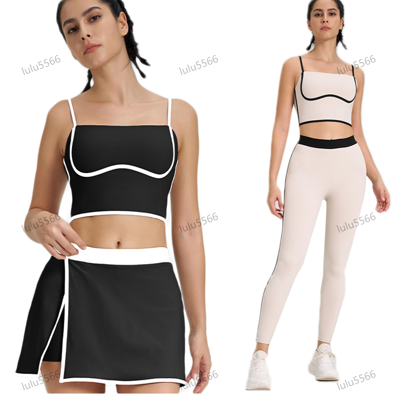 Yoga Set Color blocked quick drying sports vest top Short tennis skirt clothes women fiess high elasticity pants suit running align leggings work-image-1058149507