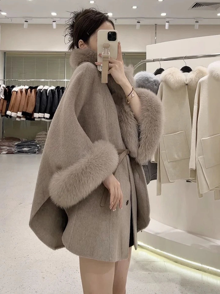 Elegant womens winter coat with batwing sleeves and open collar jacket womens warm Korean style belt party coat 240909