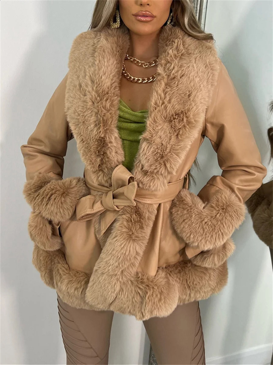 WSEVYPO fur decorative patch work PU leather jacket womens fashion contrasting color plush collar warm cardigan with warm coat 240909