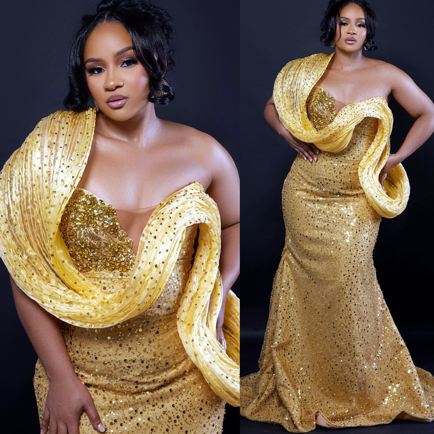 2024 Gold Mermaid Robes Robes Rhingestones One épaule paillette de soirée Fête formelle Deuxième Robes d'anniversaire de fiançailles Robe pour le