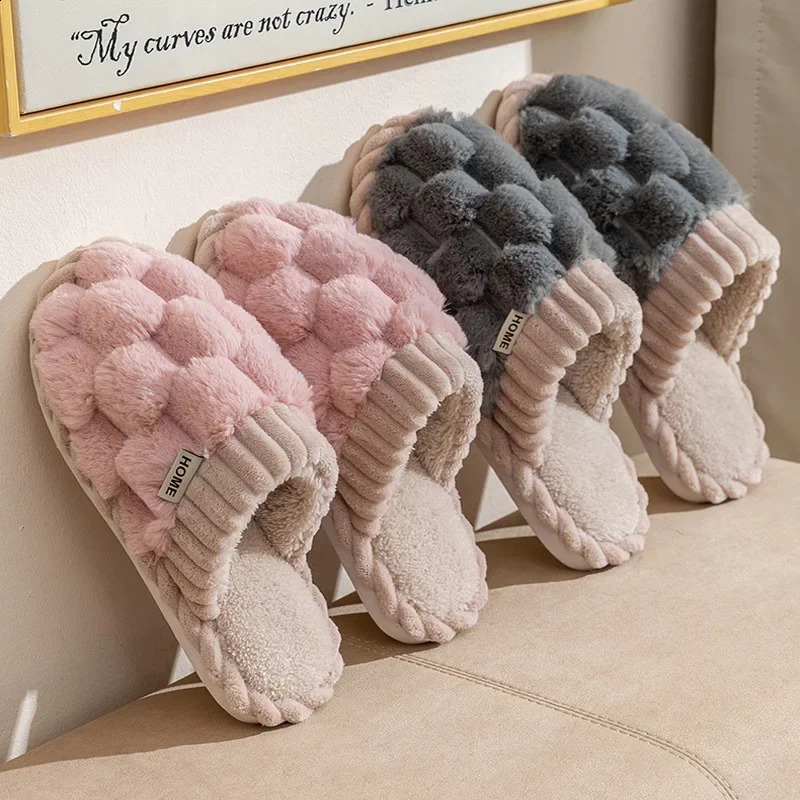 Fashion Couple Winter Toe Wrap Warm Plaid Cotton Slippers Thick Soft Sole Slides Men Women Indoor Floor Flat Home Non-slip Shoes 240910