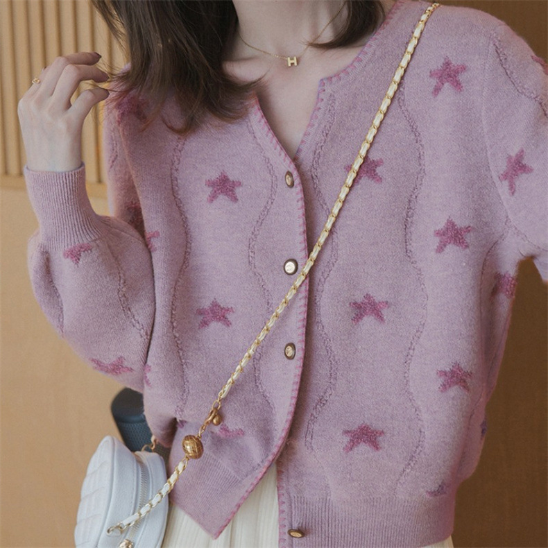 Femmes d'automne d'automne V-collier étoile Srochet Hook Elegant Cardigan Collar Long Mancheur Pull à tricot décontracté Tops de tricot