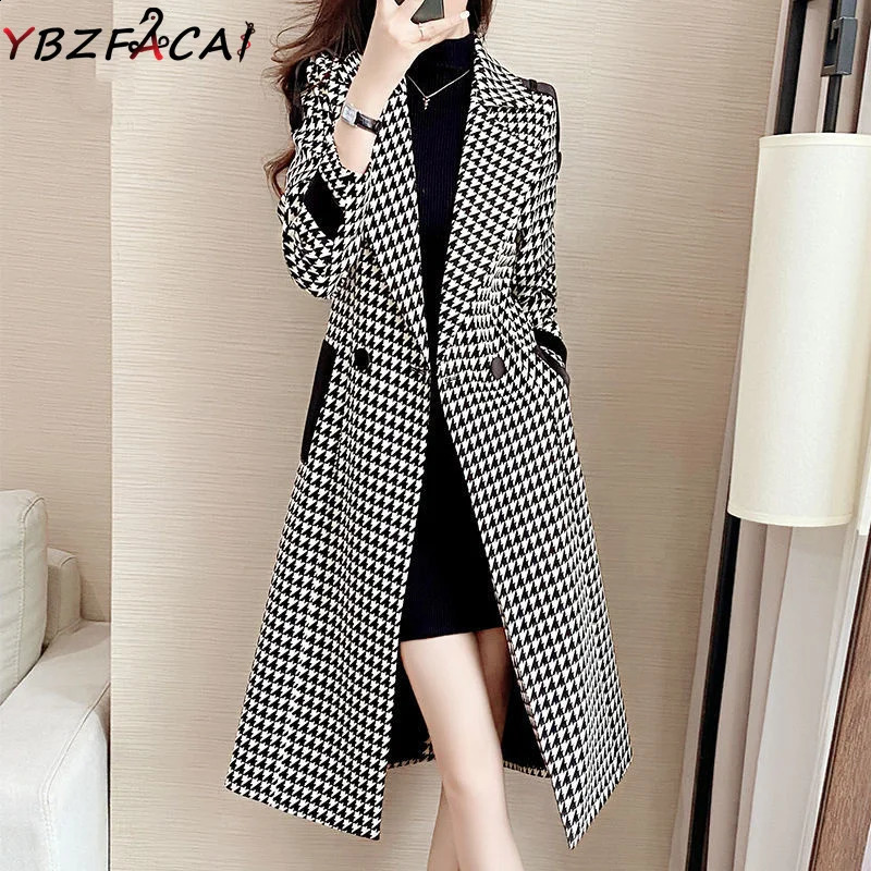 Houndstooth wool coat womens Midi autumn/winter Korean ultra-thin black and white plain coat British style tweed jacket 240909