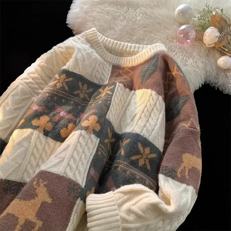 Mens and womens autumn and winter personalized hip-hop trend round neck sweater for couples loose casual lazy sleeping top 240907
