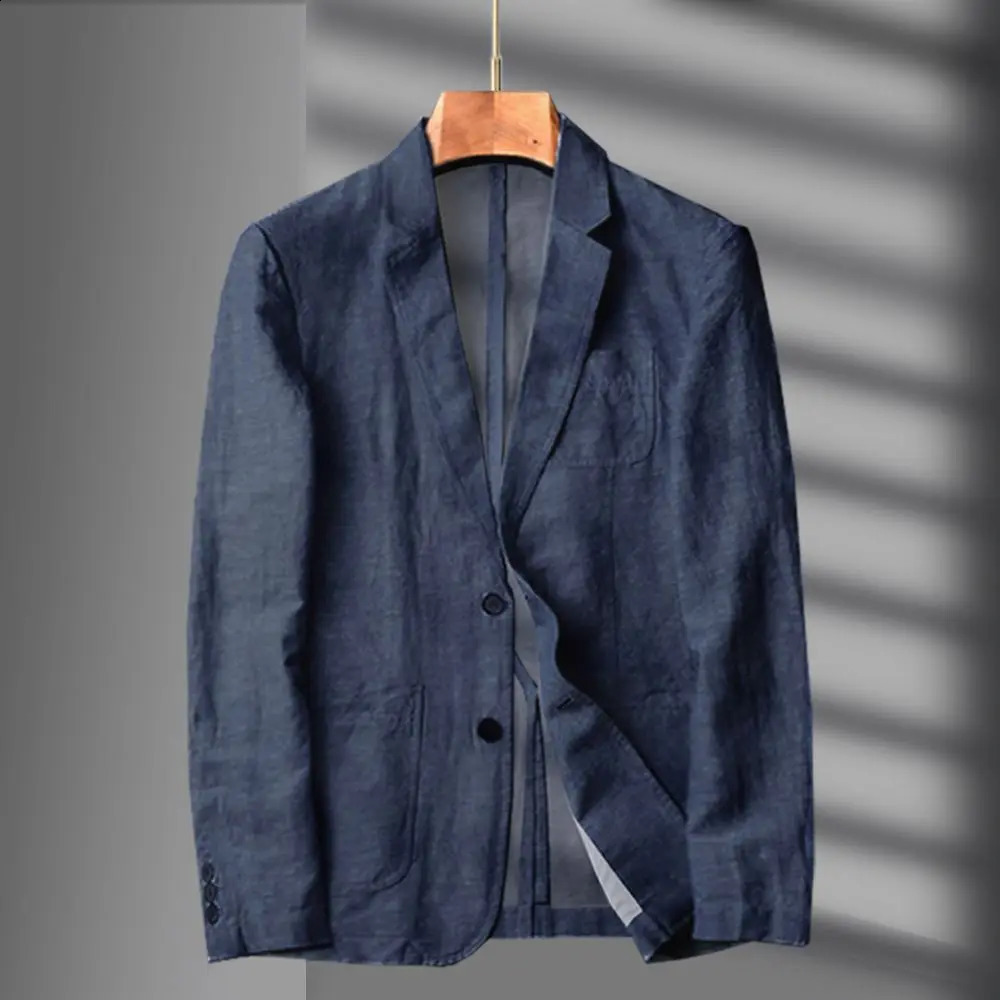 Navy Blue Linen Jacket Mens Summer Leisure Set Black SpringSummer Business 240902