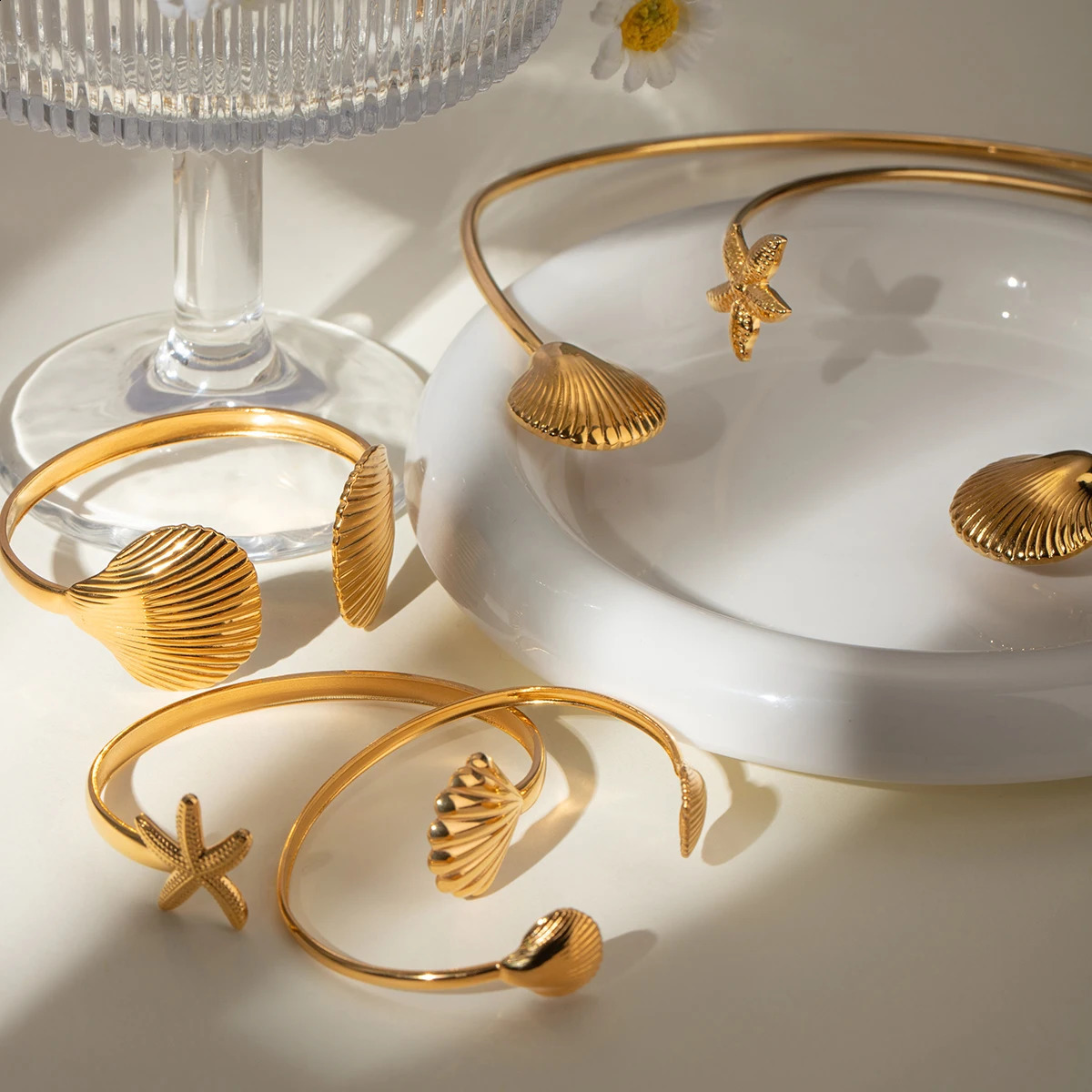 Summer Beach 18k Gold Plated Stainless Steel Scallop Sea Star Open Bracelet Necklace Set for Womens Charm Fashion Gold Jewelry Gift 240909
