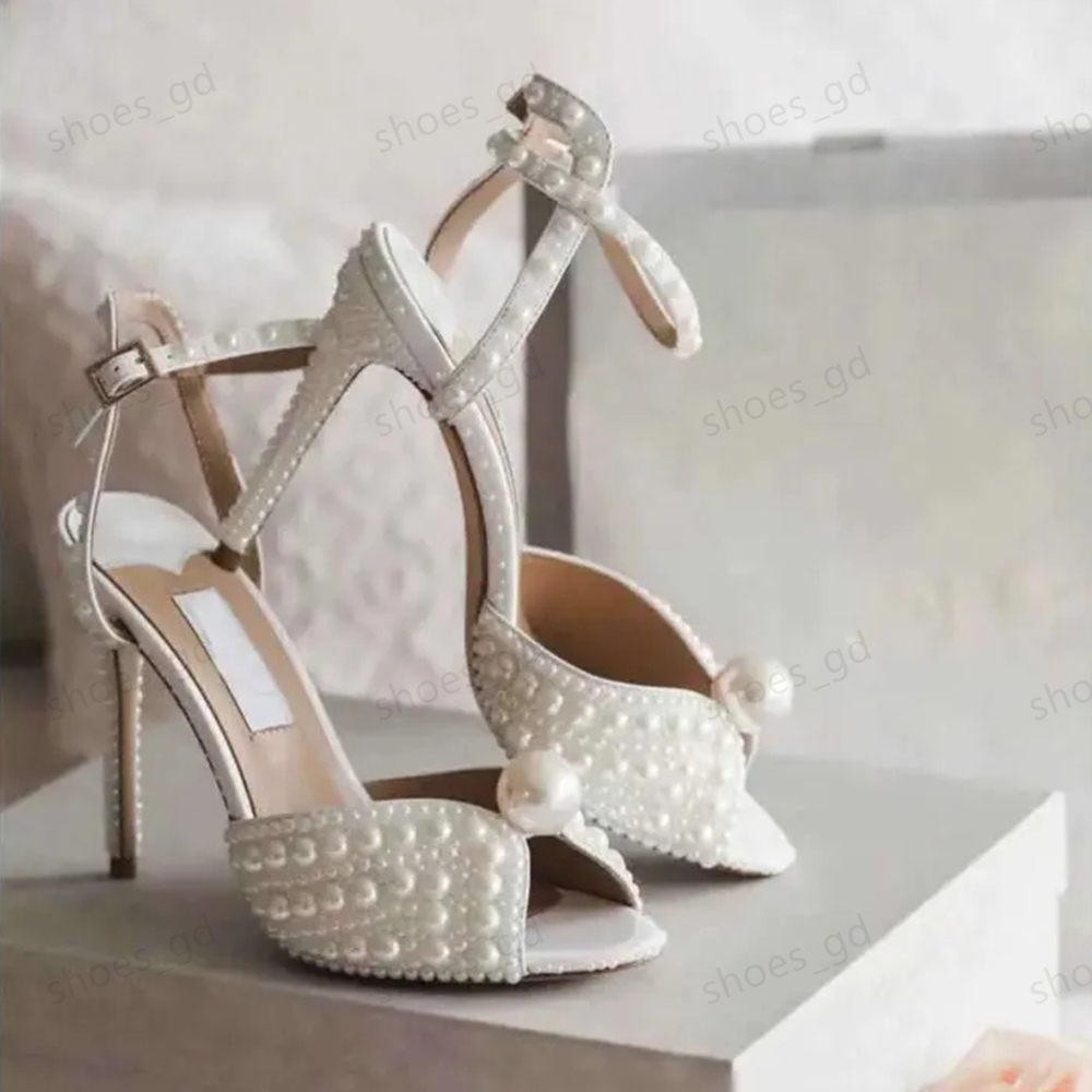 Plateau Perle décoration Peep-Toe Plate-forme sandales Escarpins gros bloc talons hauts Bride de plaque de cheville à talons femmes chaussures de