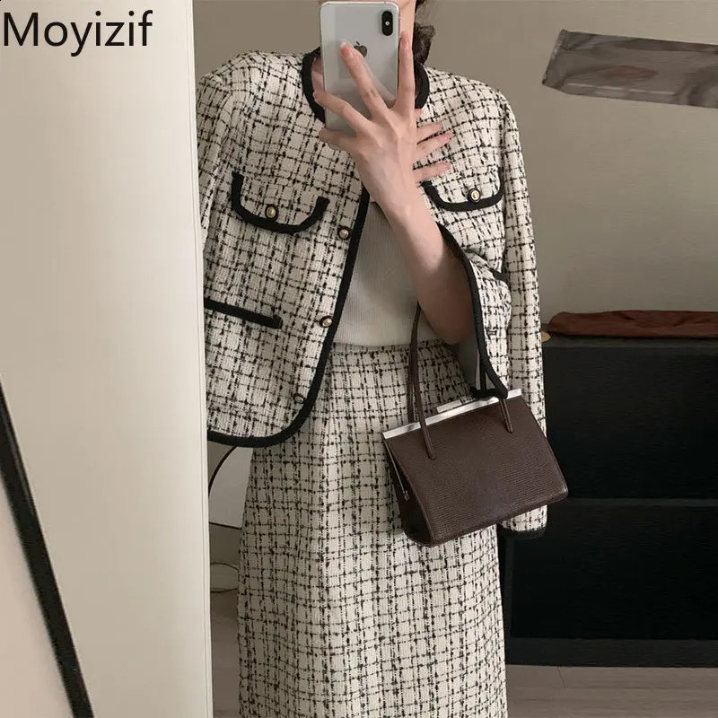 Korean style two-piece womens coarse woolen suit long sleeved O-neck long sleeved pocket jacket high waisted skiing autumn clothing 240903