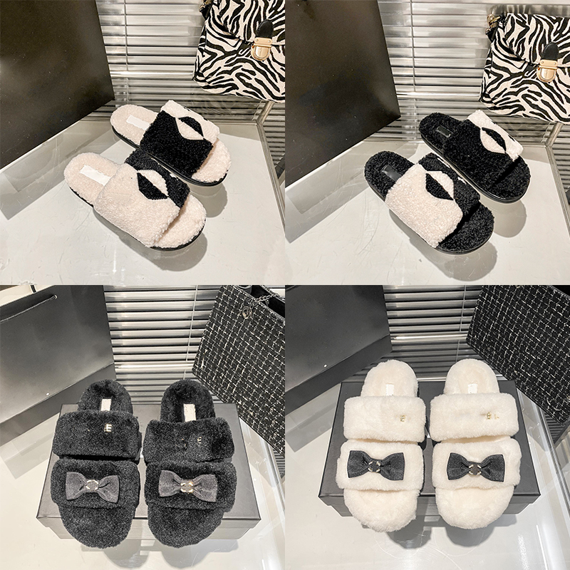 Fur Sandals For Womens Ladies Fur Furry Lazy Fall Winter Indoor Outdoor Shoes Luxe Claquette Female Sandales Flat Heels Bowknot Slides