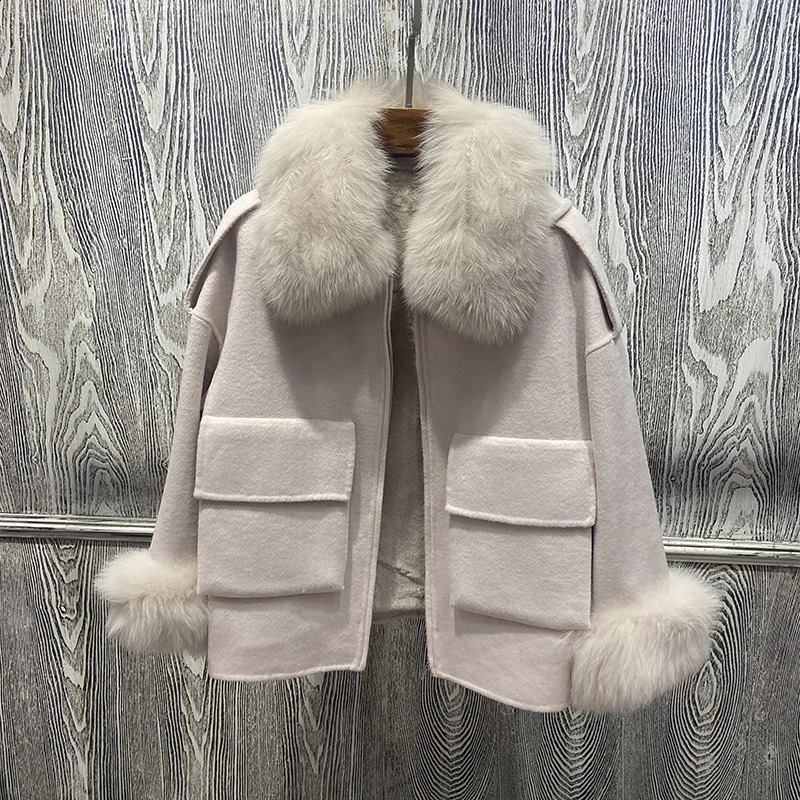 Womens Winter Wool Short Parka Detachable Genuine Rex Rabbit Fur Lining Fox Fur Collar Womens Ultra Warm Winter Wool Coat 240909