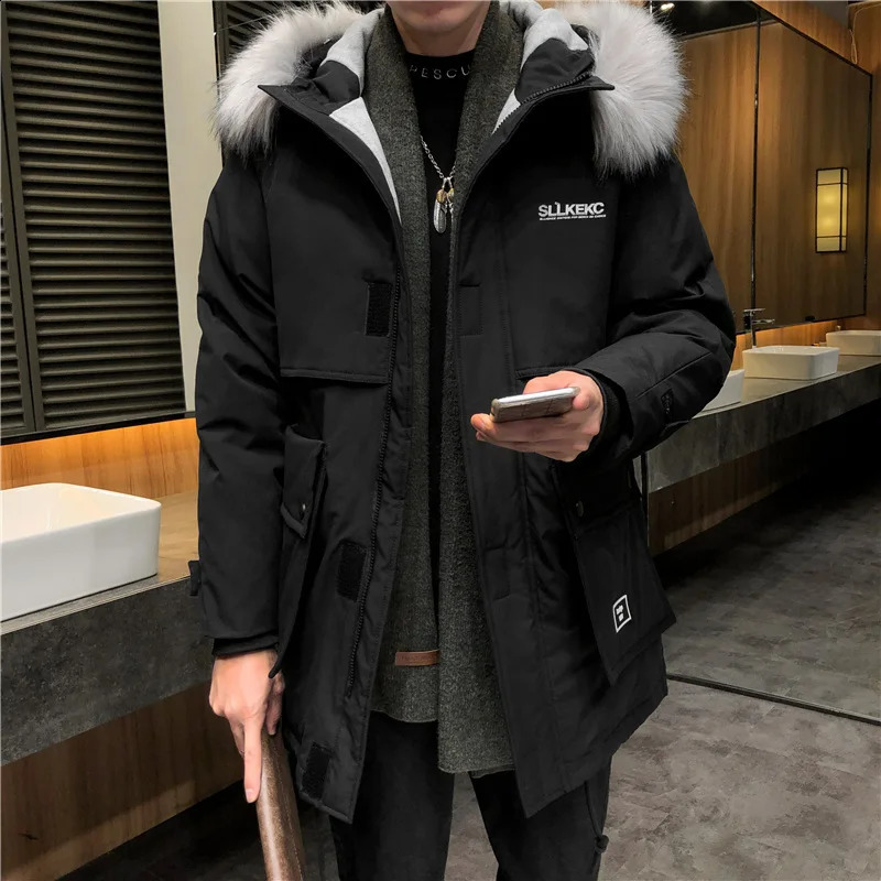 Mens warm fur collar winter jacket Parkas mens windproof hooded thick multi pocket down jacket mens long solid color Parkas 240907