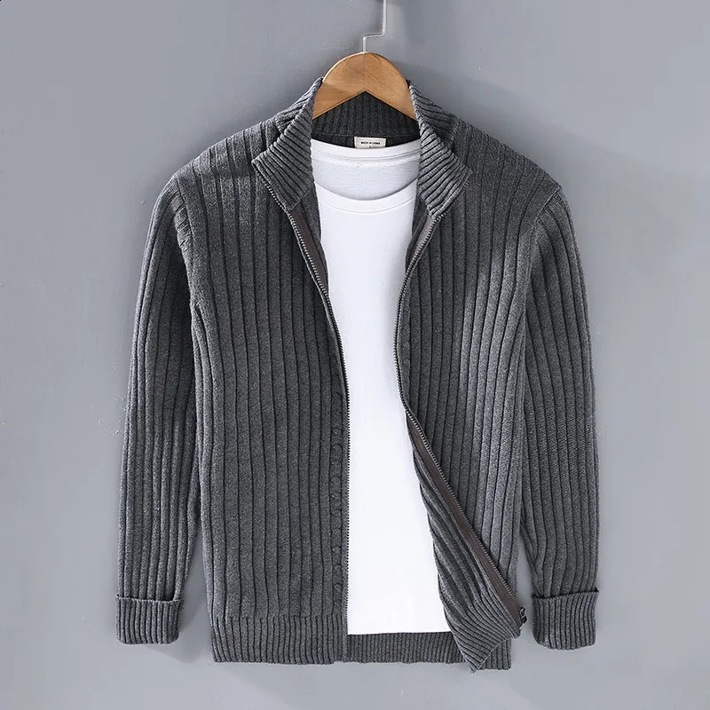 Autumn and winter mens cardigan sweater mens stand up collar zipper cotton 100% thick knit solid color streetwear 240910