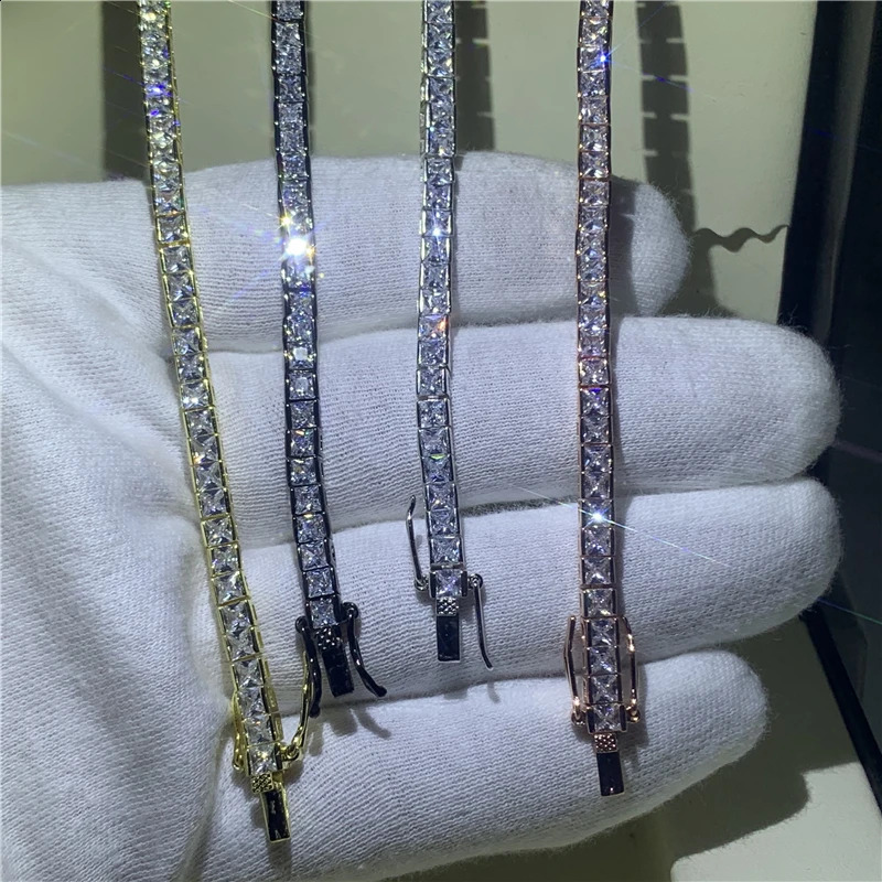 Bracelet de tennis à 4 couleurs avec diamants de princesse coupés 925 argent sterling et fête de remplissage en platine et bracelet de mariage 24