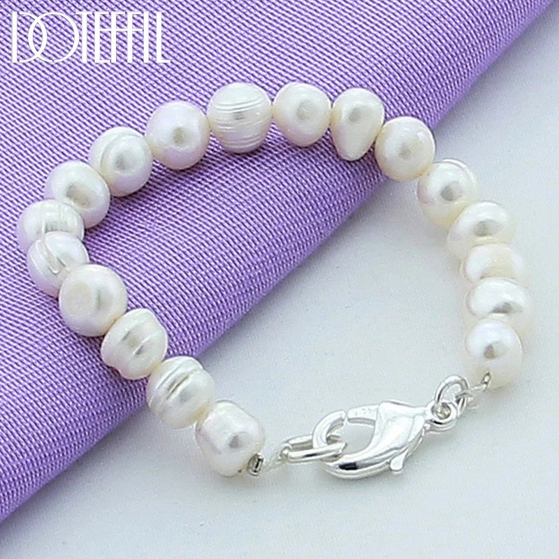 Doteffil Natural White 8 mm Bracelet en perles 925 Pure Silver Buckle Charme Feme