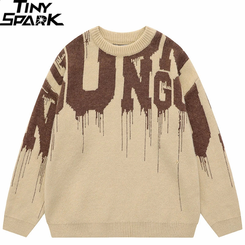Men Streetwear Sweater Hipster Letter Graphic Hip Hop Knitted Sweater Casual Loose Pullover Sweater Khaki Black Skateboard 240910