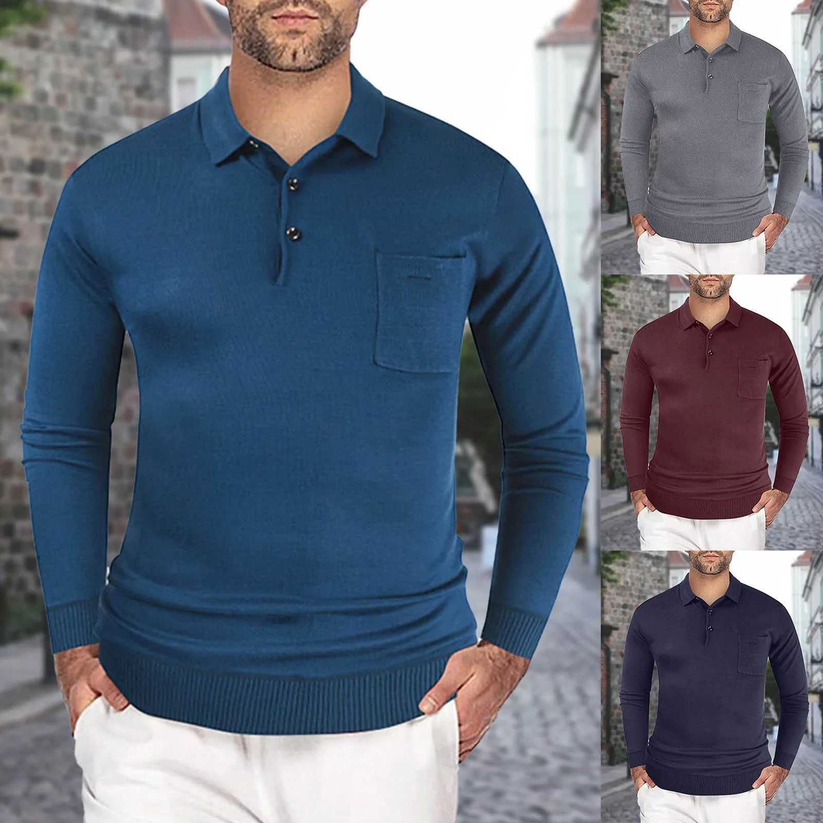 Mens collar sweater warm pull T-shirt button solid casual ultra-thin knitted sweater with chest pocket chef jacket mens polo shirt W240909