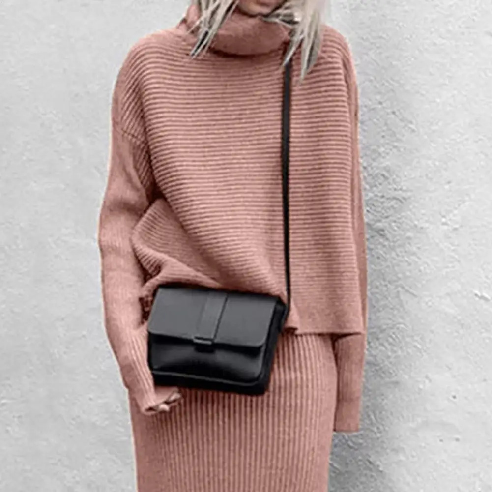 Womens Knitted Sweatshirt Loose High Neck Casual Autumn Shirt Sweatshirt Pullover Sweatshirt Two Piece Set 240907