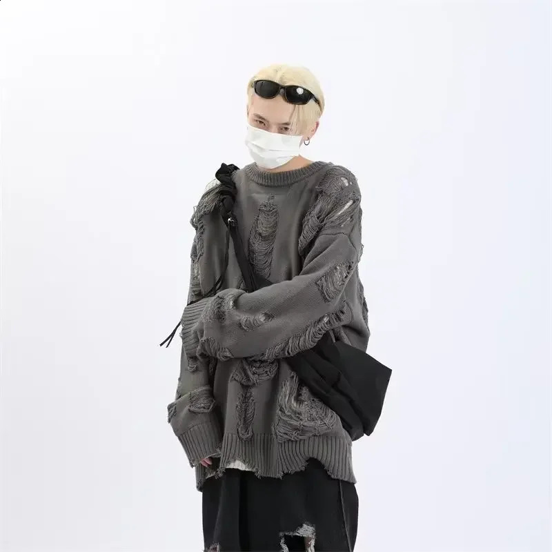 Harajuku style mens knitted sweater round neck fashionable floral loose fit long sleeved artistic casual chic 240911